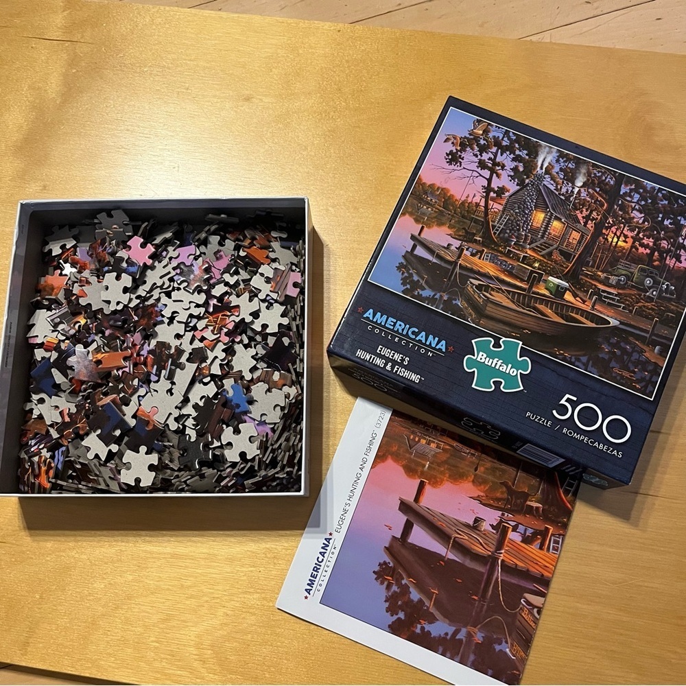 Buffalo Puzzle Eugene's Hunting & Fishing 500 PCS Cabin Rowboat Lake Autum